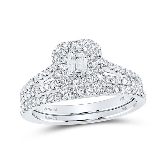 14K White Gold Emerald Diamond Halo Bridal Wedding Ring Band Set 1 Cttw, Womens Size: 5-10