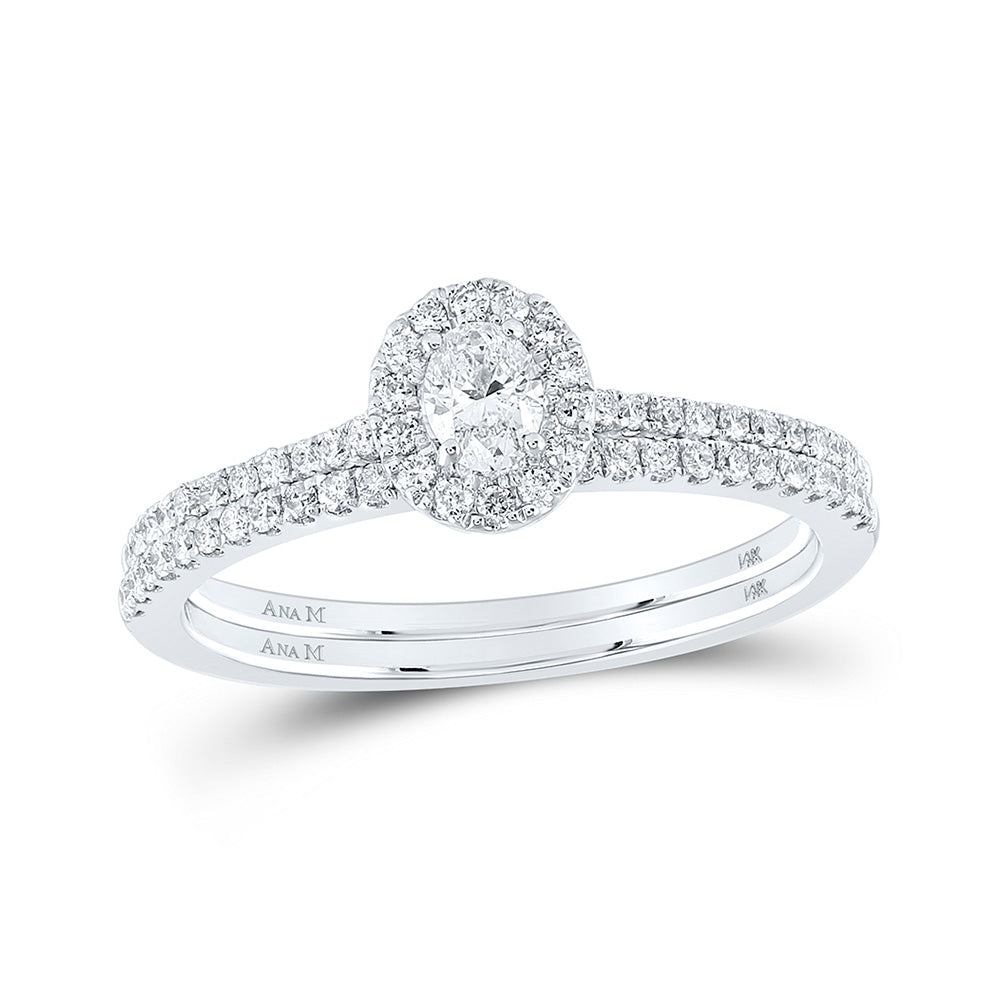 14K White Gold Oval Diamond Halo Bridal Wedding Ring Band Set 1/2 Cttw, Womens Size: 5-10