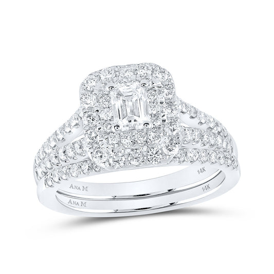 14K White Gold Emerald Diamond Halo Bridal Wedding Ring Band Set 1-1/2 Cttw, Womens Size: 5-10