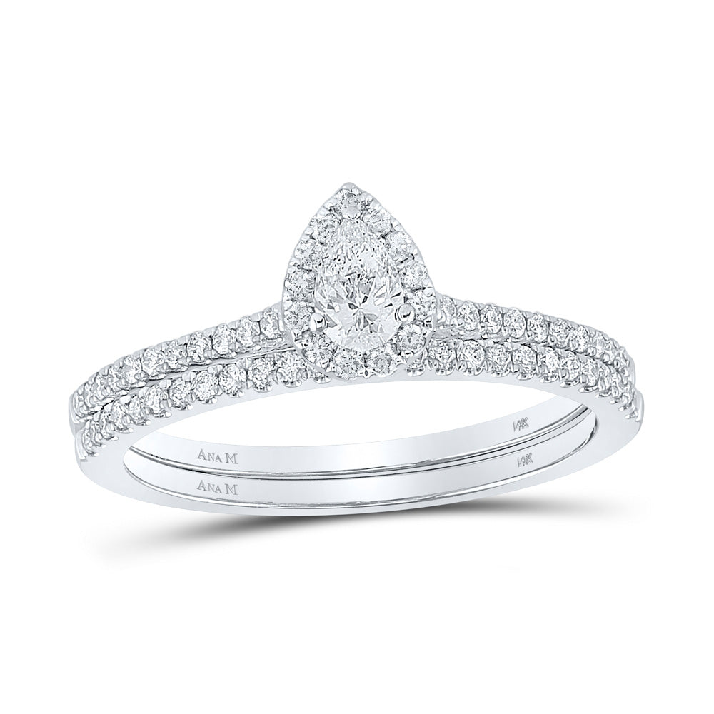 14K White Gold Pear Diamond Halo Bridal Wedding Ring Band Set 1/2 Cttw, Womens Size: 5-10