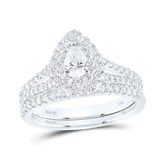 14K White Gold Pear Diamond Halo Bridal Wedding Ring Band Set 1 Cttw, Womens Size: 5-10