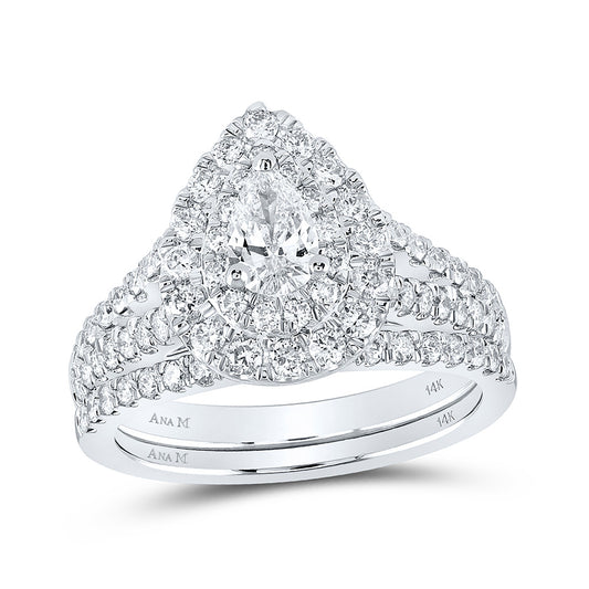14K White Gold Pear Diamond Halo Bridal Wedding Ring Band Set 1-1/2 Cttw, Womens Size: 5-10