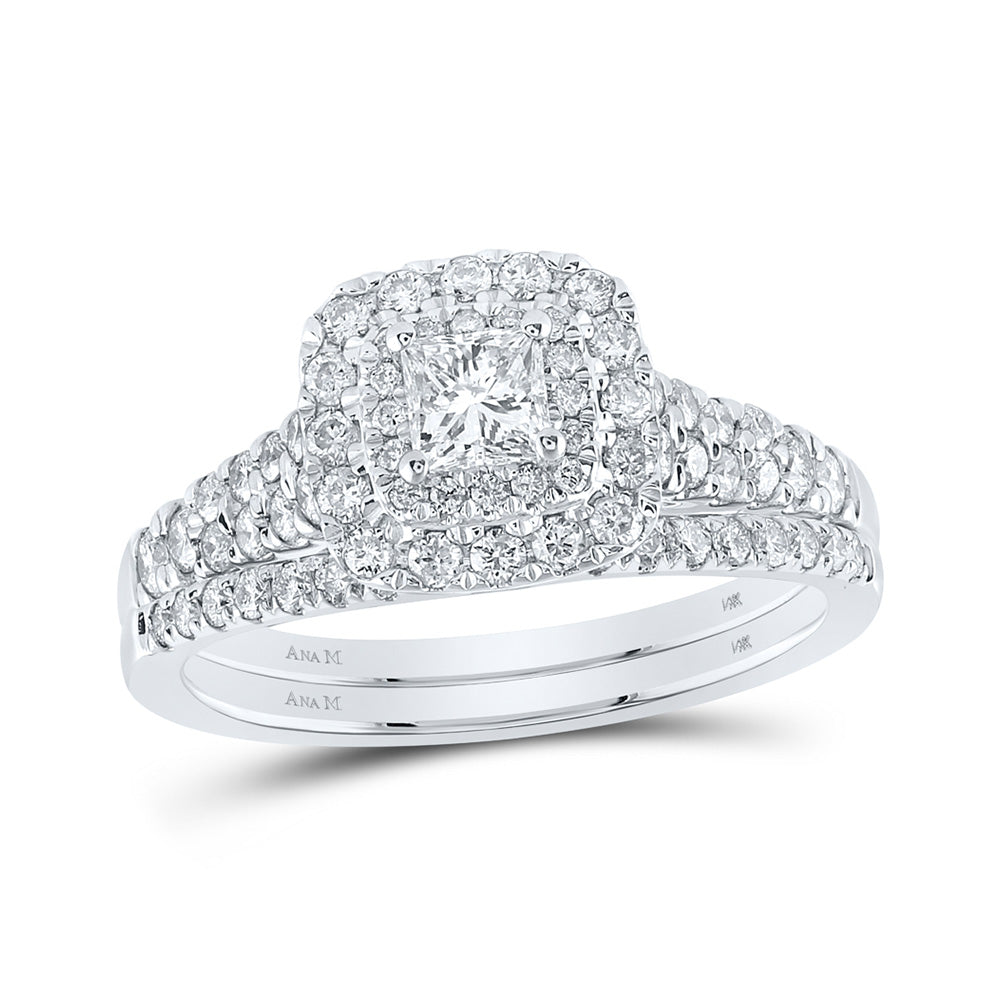 14K White Gold Princess Diamond Halo Bridal Wedding Ring Band Set 1 Cttw, Womens Size: 5-10