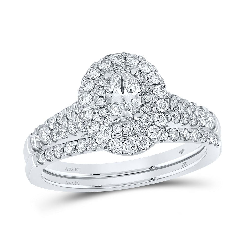 14K White Gold Oval Diamond Halo Bridal Wedding Ring Band Set 1 Cttw, Womens Size: 5-10