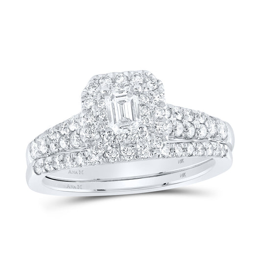 14K White Gold Emerald Diamond Halo Bridal Wedding Ring Band Set 1 Cttw, Womens Size: 5-10