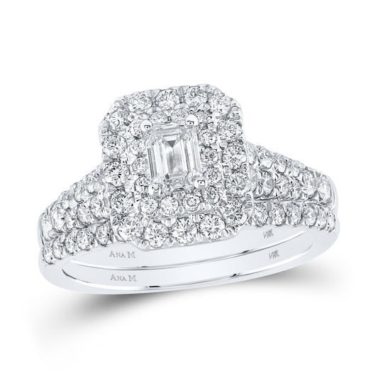14K White Gold Emerald Diamond Halo Bridal Wedding Ring Band Set 1-1/2 Cttw, Womens Size: 5-10