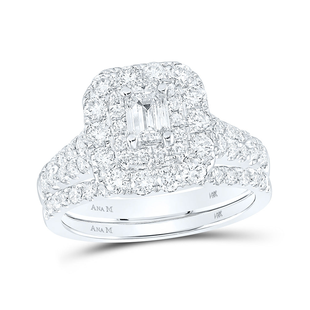 14K White Gold Emerald Diamond Halo Bridal Wedding Ring Band Set 2 Cttw, Womens Size: 5-10