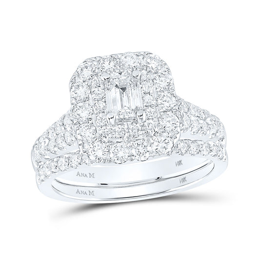 14K White Gold Emerald Diamond Halo Bridal Wedding Ring Band Set 2 Cttw, Womens Size: 5-10