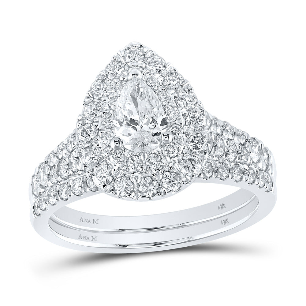 14K White Gold Pear Diamond Halo Bridal Wedding Ring Band Set 1-1/2 Cttw, Womens Size: 5-10