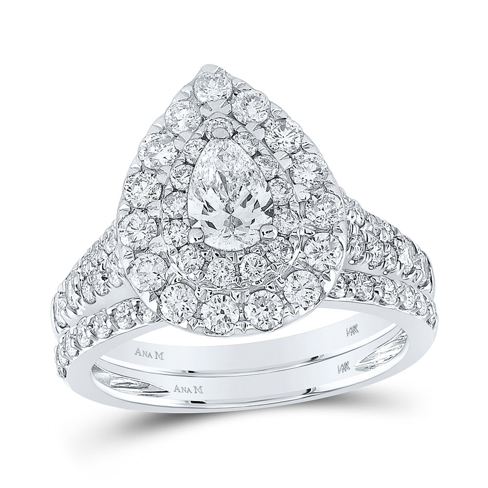 14K White Gold Pear Diamond Halo Bridal Wedding Ring Band Set 2 Cttw, Womens Size: 5-10