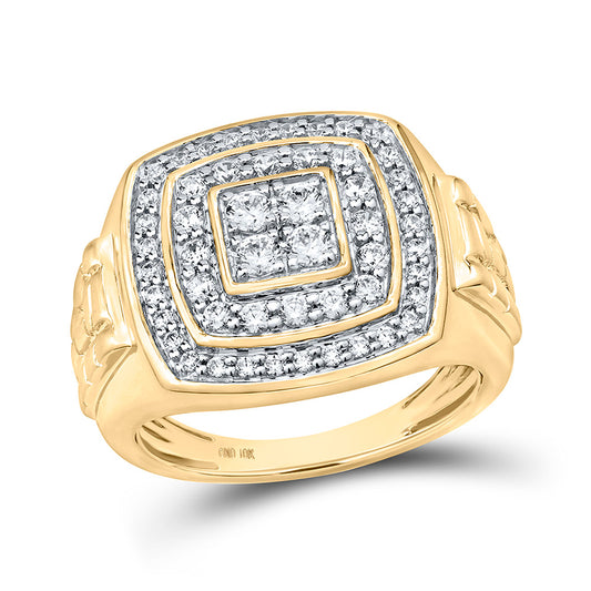 10K Yellow Gold Mens Round Diamond Square Ring 1 Cttw, Mens Size: 7-13