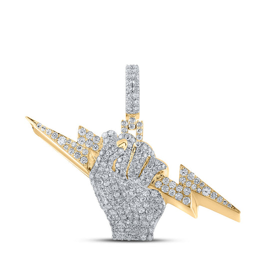 10K Yellow Gold Mens Round Diamond Lightning Bolt Fist Charm Pendant 2-3/8 Cttw, Length: 1.5 In, Width: 2 In