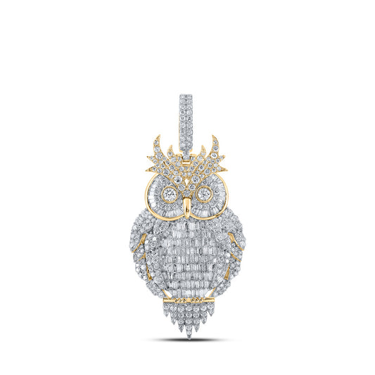 10K Yellow Gold Mens Baguette Diamond Owl Bird Charm Pendant 3-7/8 Cttw