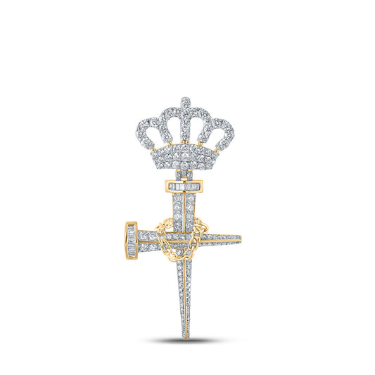 10K Yellow Gold Mens Baguette Diamond Nail Cross Crown Charm Pendant 3 Cttw