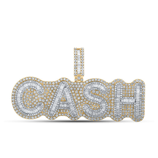 10K Two-tone Gold Mens Baguette Diamond CASH Phrase Charm Pendant 7-1/3 Cttw, Length: 1.72 In, Width: 2.87 In