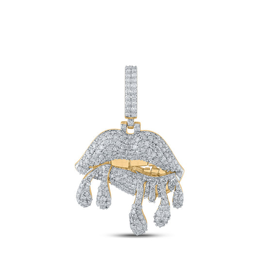10K Yellow Gold Mens Round Diamond Dripping Lips Charm Pendant 3-1/5 Cttw, Length: 1.75 In, Width: 1.2 In