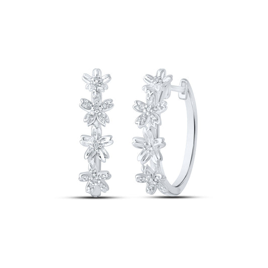 10K White Gold Womens Round Diamond Flower Hoop Earrings 1/8 Cttw