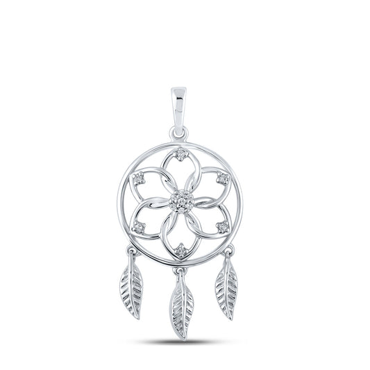 10K White Gold Womens Round Diamond Dream Catcher Circle Pendant 1/20 Cttw, Length: 1.18 In, Width: 0.65 In