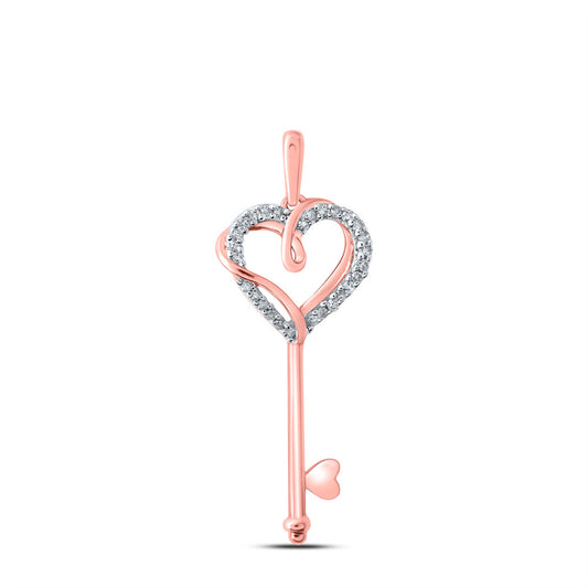 10K Yellow Or White Or Rose Gold Womens Round Diamond Heart Key Pendant