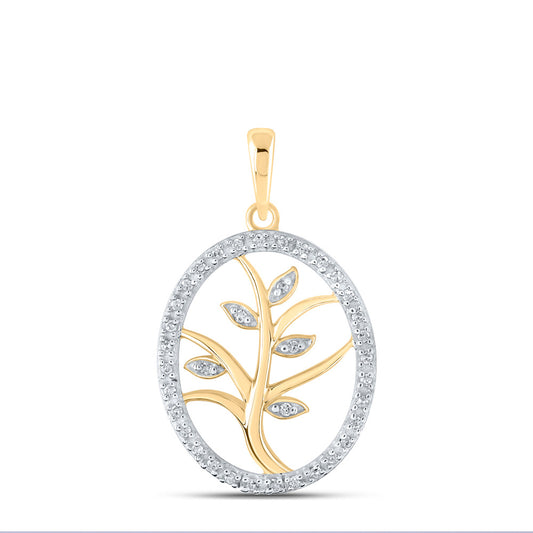 10K Yellow Gold Womens Round Diamond Tree Oval Pendant 1/10 Cttw, Length: 0.91 In, Width: 0.55 In