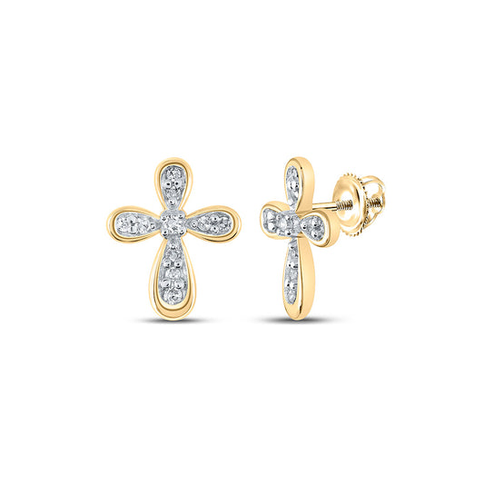 10K Yellow Gold Womens Round Diamond Cross Earrings 1/8 Cttw