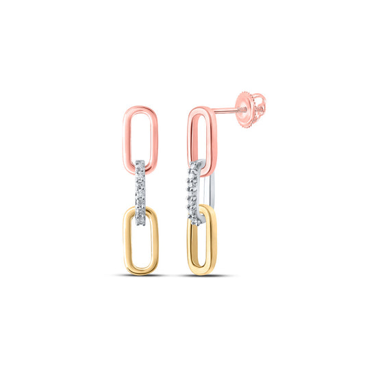 10K Tri-Tone Gold Womens Round Diamond Dangle Earrings 1/10 Cttw