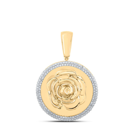 10K Yellow Gold Mens Round Diamond Circle Rose Charm Pendant 1/2 Cttw