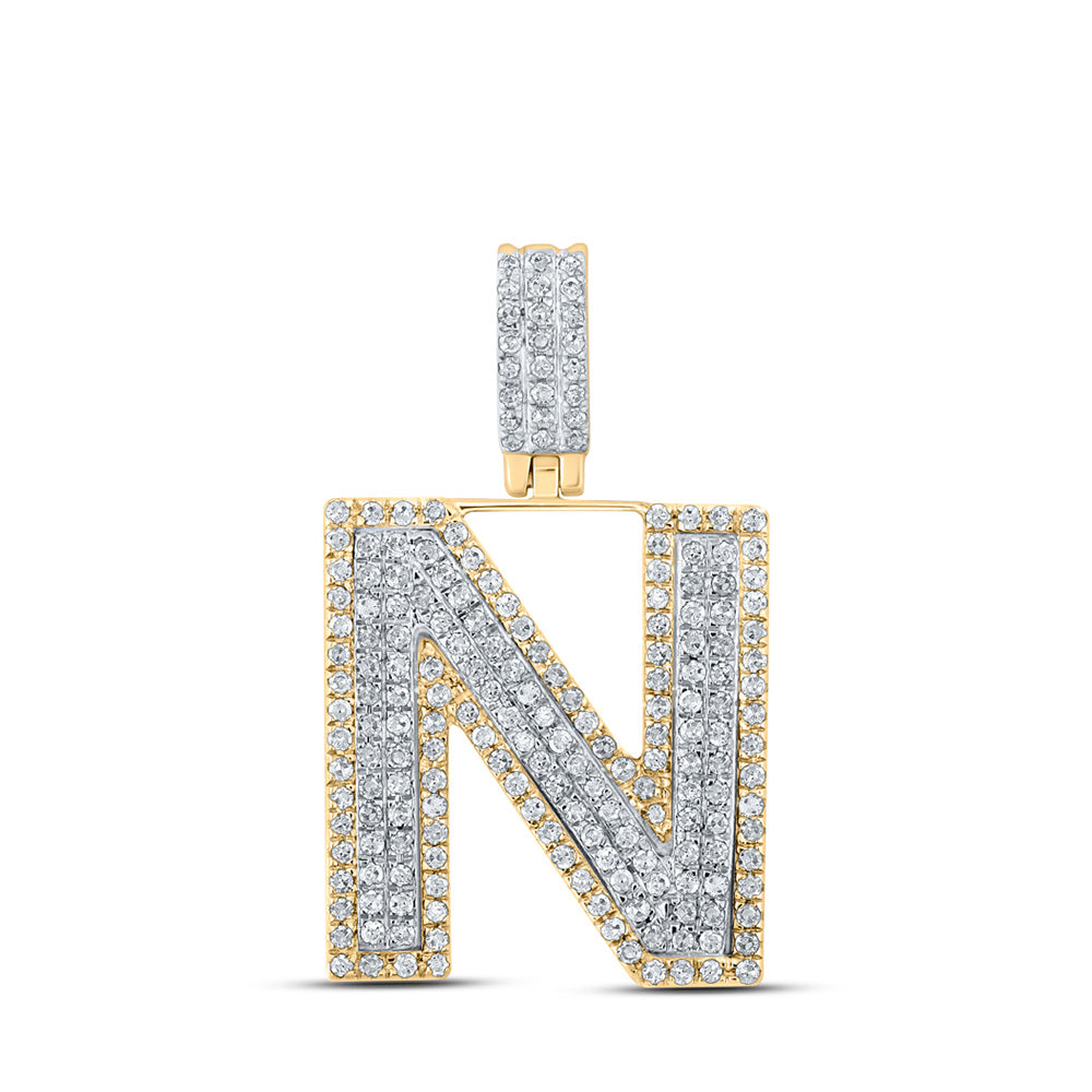 10K Two-tone Gold Mens Round Diamond Initial Letter Pendant