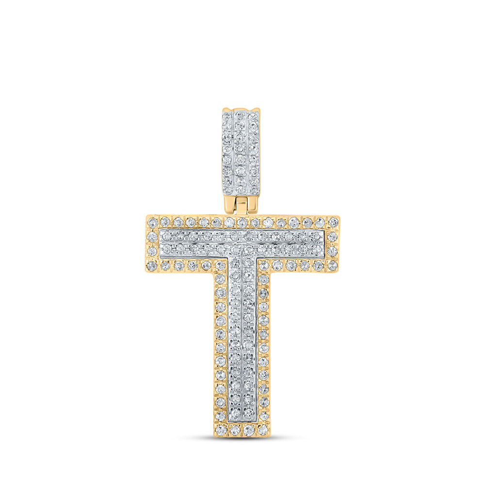 10K Two-tone Gold Mens Round Diamond Initial Letter Pendant
