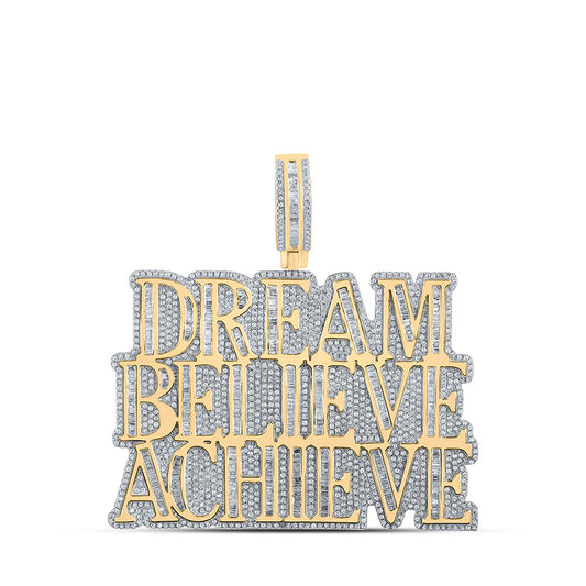 10K Yellow Gold Mens Baguette Diamond Dream Believe Achieve Phrase Charm Pendant 4-1/2 Cttw