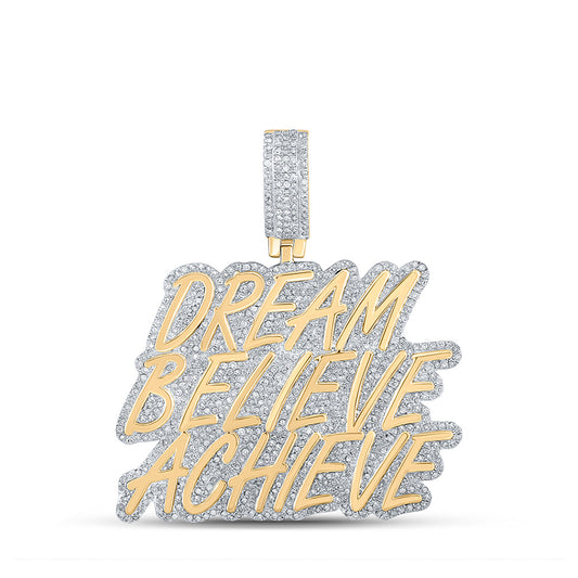 10K Yellow Gold Mens Round Diamond Dream Believe Achieve Phrase Charm Pendant 1-3/4 Cttw, Length: 1.91 In, Width: 1.7 In