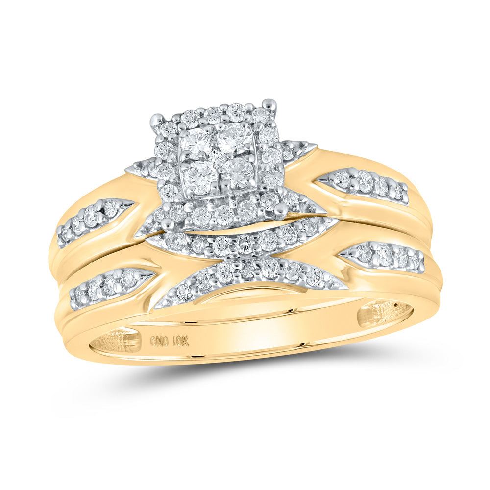 10K Yellow Gold His Hers Round Diamond Cluster Matching Wedding Set 1/2 Cttw, Womens Size: 5-10, Mens Size: 7-13