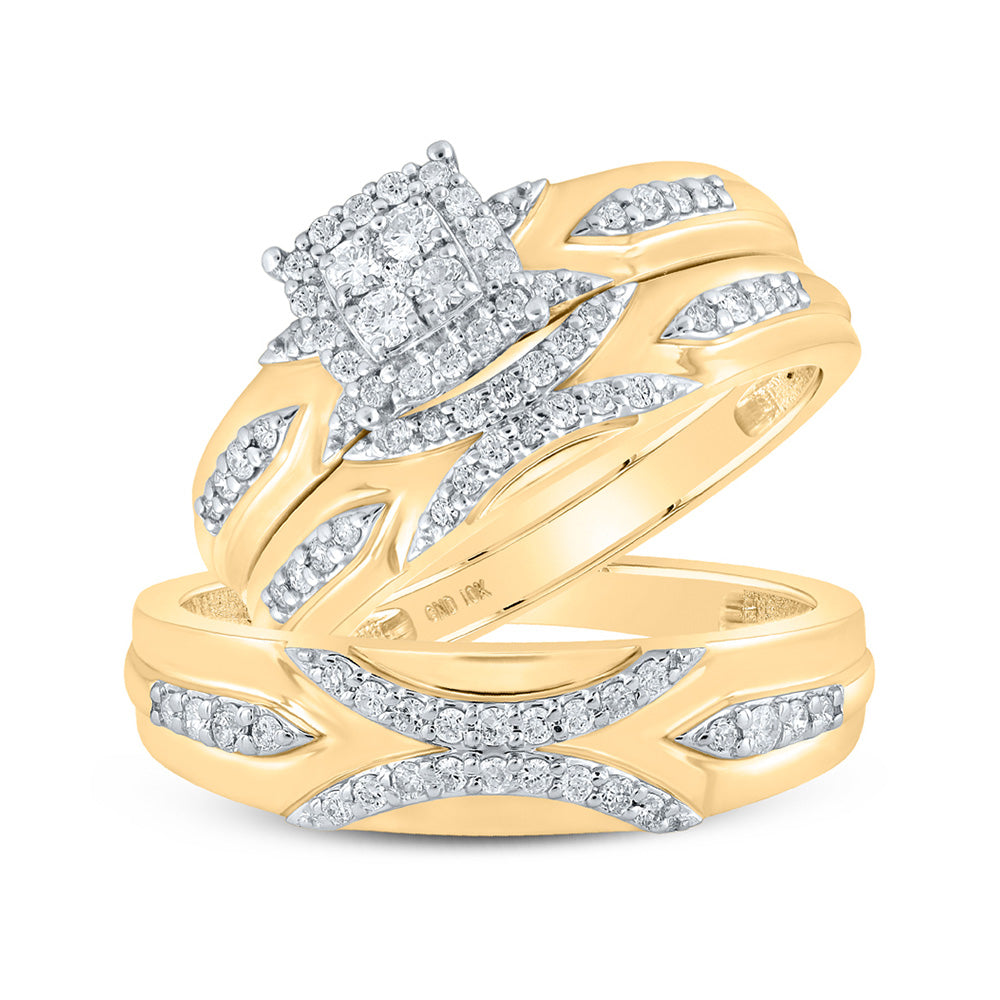 10K Yellow Gold His Hers Round Diamond Cluster Matching Wedding Set 1/2 Cttw, Womens Size: 5-10, Mens Size: 7-13
