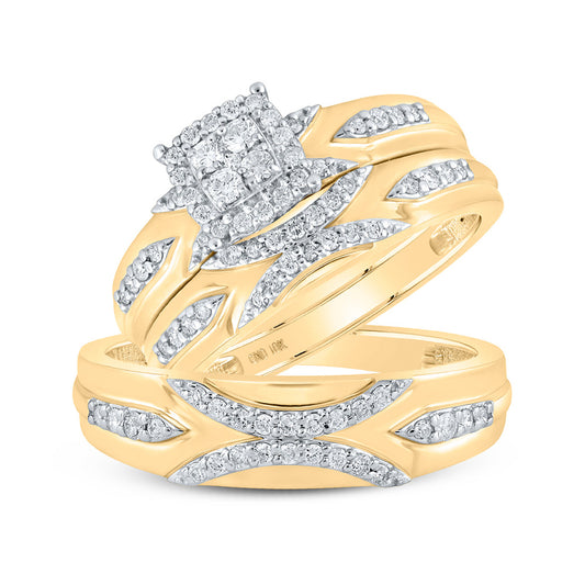 10K Yellow Gold His Hers Round Diamond Cluster Matching Wedding Set 1/2 Cttw, Womens Size: 5-10, Mens Size: 7-13