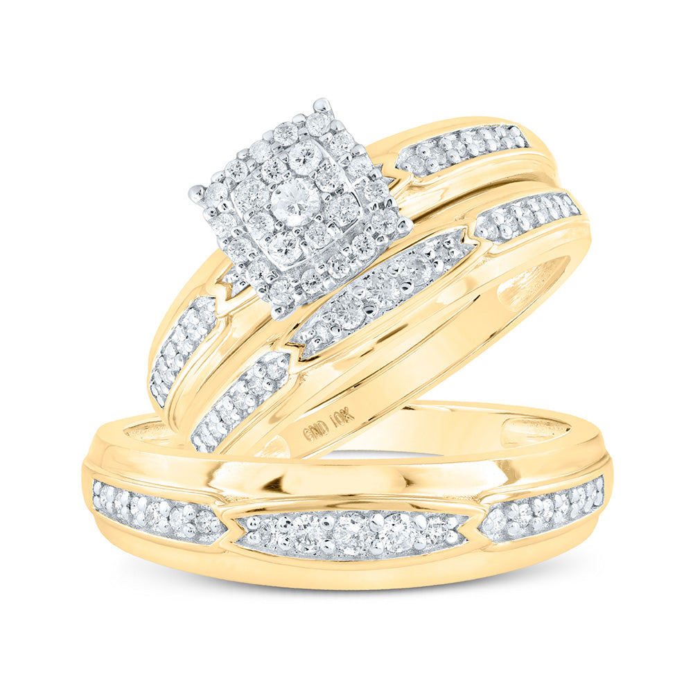 10K White Or Yellow Gold His Hers Round Diamond Square Matching Wedding Set , Womens Size: 5-10, Mens Size: 7-13