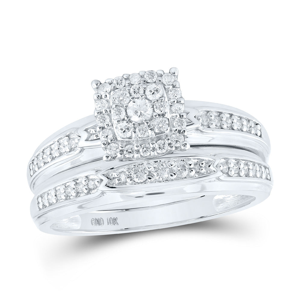 10K White Or Yellow Gold His Hers Round Diamond Square Matching Wedding Set , Womens Size: 5-10, Mens Size: 7-13