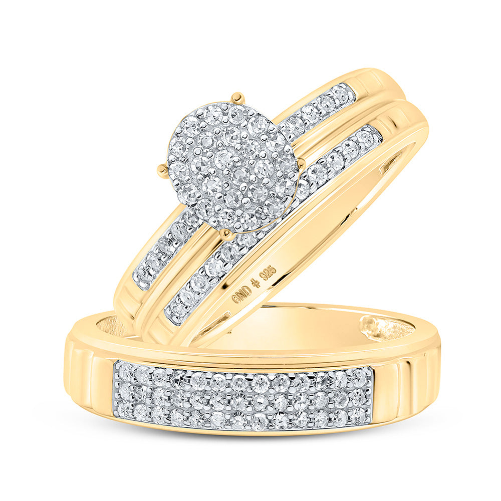 Sterling Silver Or Yellow-tone Sterling Silver His Hers Round Diamond Oval Matching Wedding Set, Womens Size: 5-10, Mens Size: 7-13