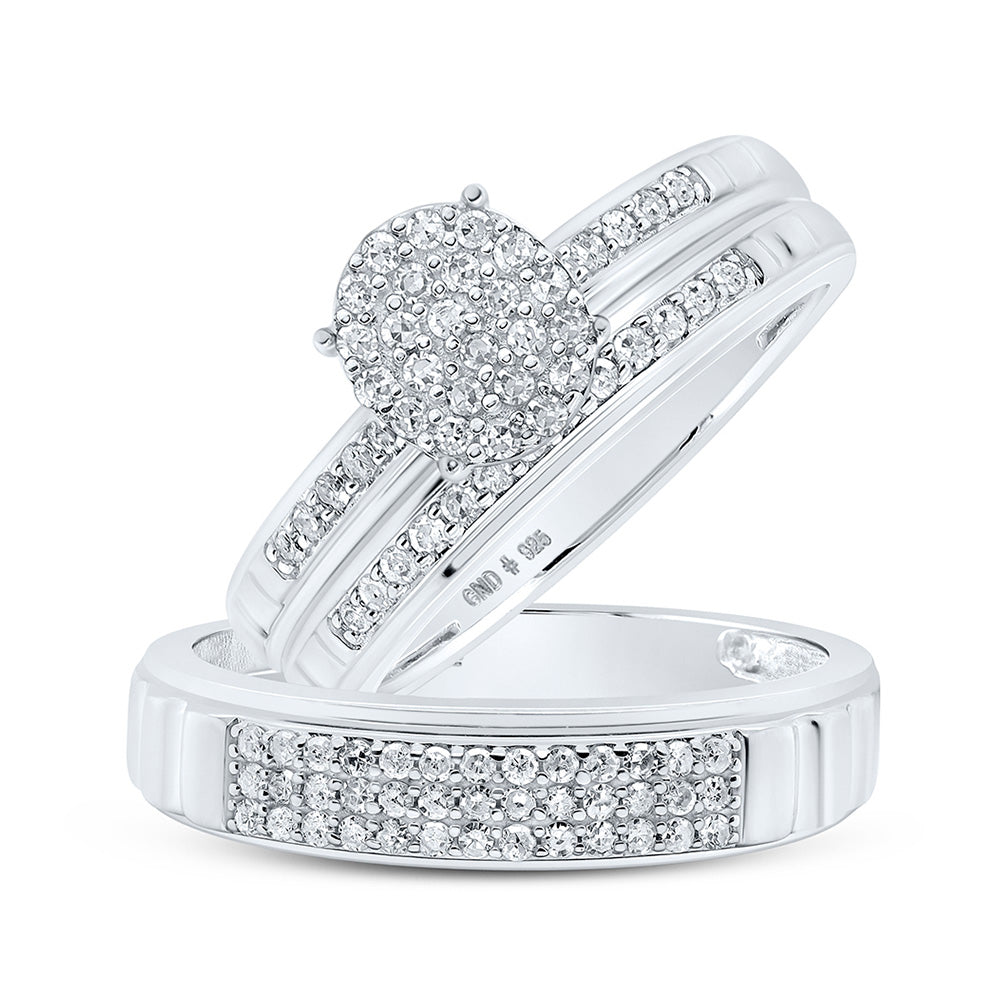 Sterling Silver Or Yellow-tone Sterling Silver His Hers Round Diamond Oval Matching Wedding Set, Womens Size: 5-10, Mens Size: 7-13