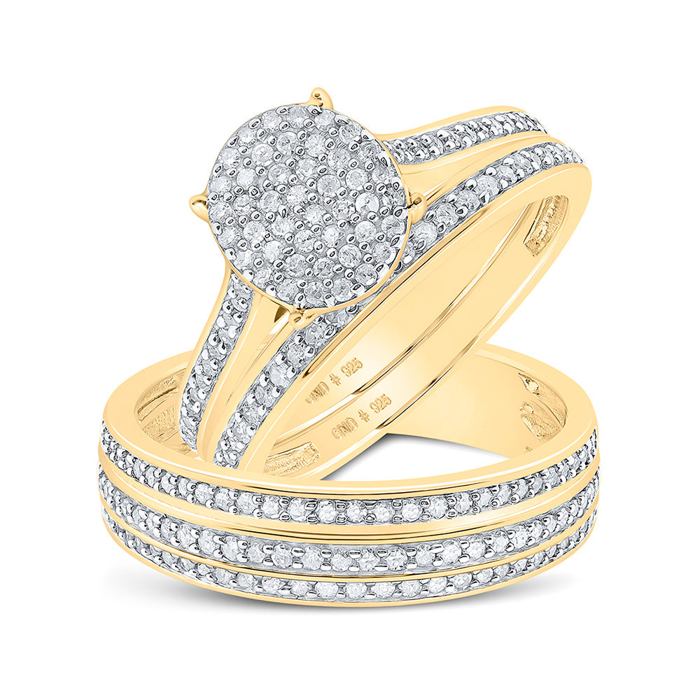 Yellow-tone Sterling Silver His Hers Round Diamond Cluster Matching Wedding Set 7/8 Cttw, Womens Size: 5-10, Mens Size: 7-13