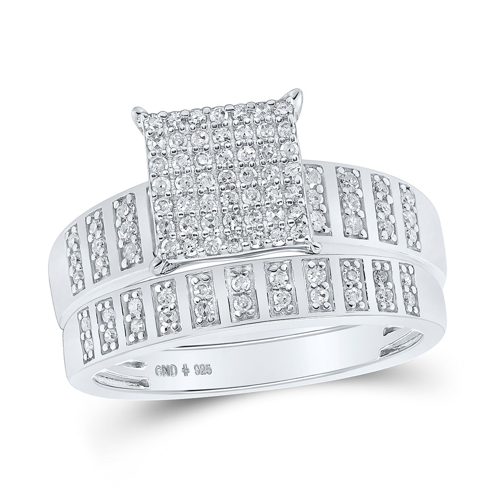 Sterling Silver His Hers Round Diamond Square Matching Wedding Set 5/8 Cttw, Womens Size: 5-10, Mens Size: 7-13