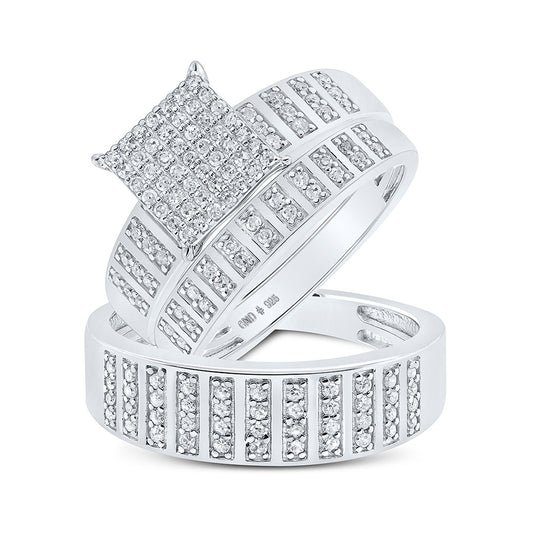 Sterling Silver His Hers Round Diamond Square Matching Wedding Set 5/8 Cttw, Womens Size: 5-10, Mens Size: 7-13