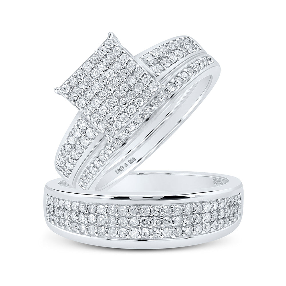 Sterling Silver His Hers Round Diamond Square Matching Wedding Set 7/8 Cttw, Womens Size: 5-10, Mens Size: 7-13