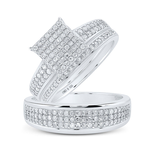 Sterling Silver His Hers Round Diamond Square Matching Wedding Set 7/8 Cttw, Womens Size: 5-10, Mens Size: 7-13