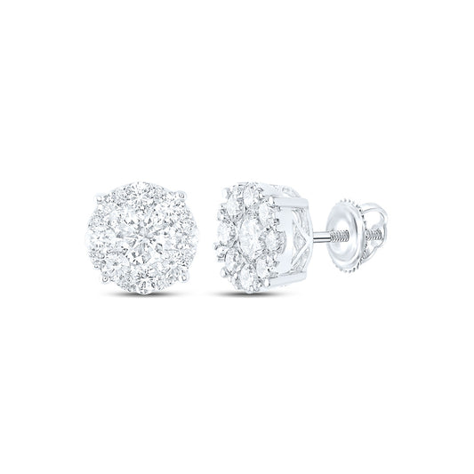 14K White Gold Womens Round Diamond Flower Cluster Earrings 2-1/4 Cttw