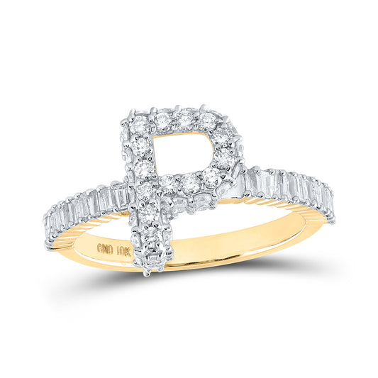 10K Yellow Gold Womens Baguette Diamond P Initial Letter Ring 1 Cttw, Womens Size: 5-10