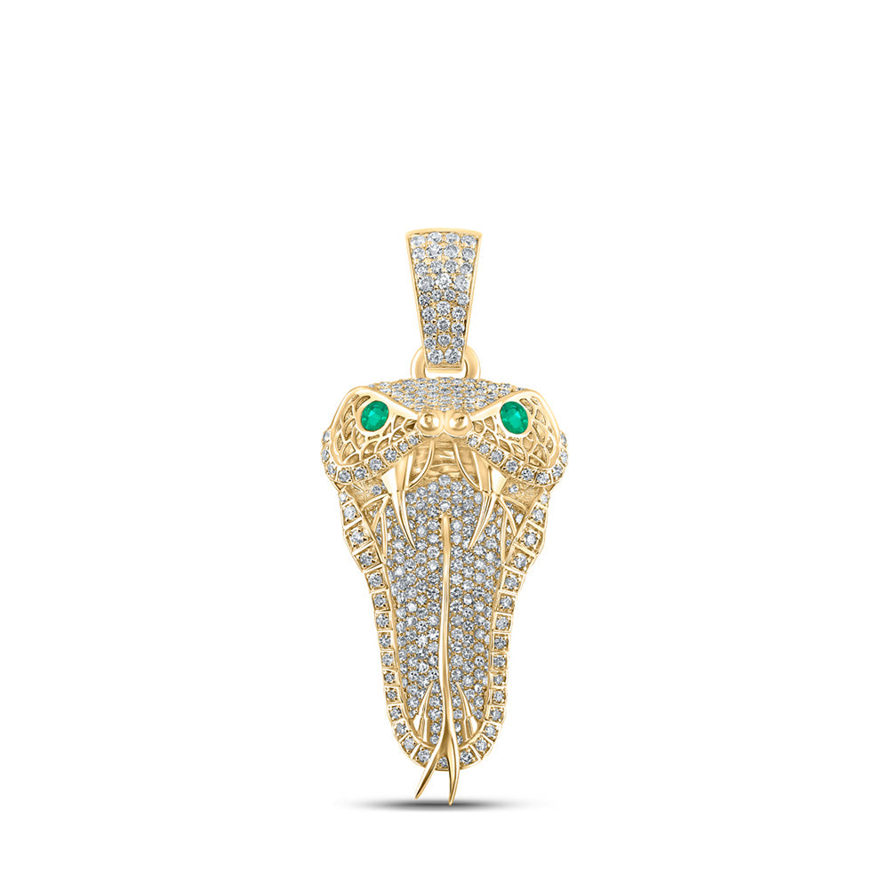 10K Yellow Gold Mens Round Emerald Diamond Snake Charm Pendant 2-7/8 Cttw