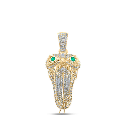 10K Yellow Gold Mens Round Emerald Diamond Snake Charm Pendant 2-7/8 Cttw