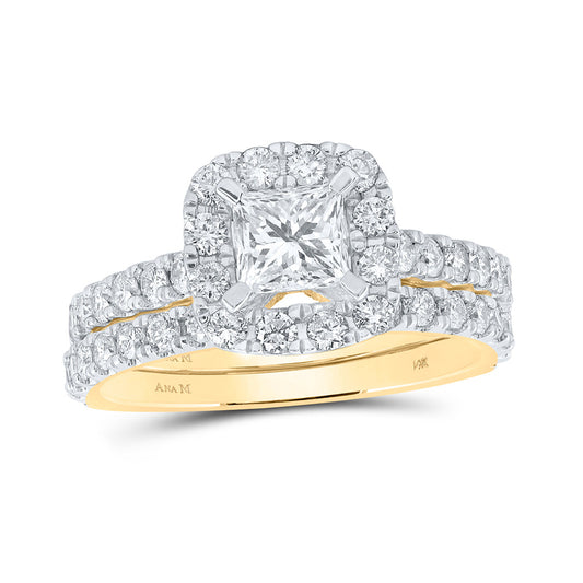 14K White Or Yellow Gold Princess Diamond Halo Bridal Wedding Ring Band Set, Womens Size: 5-10