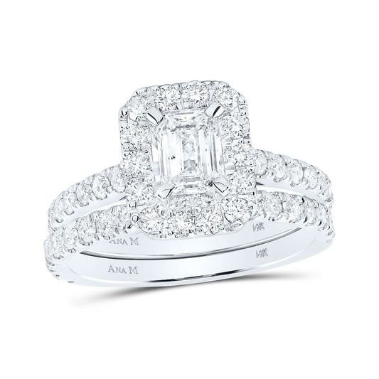14K White Gold Emerald Diamond Halo Bridal Wedding Ring Band Set 1-7/8 Cttw, Womens Size: 5-10