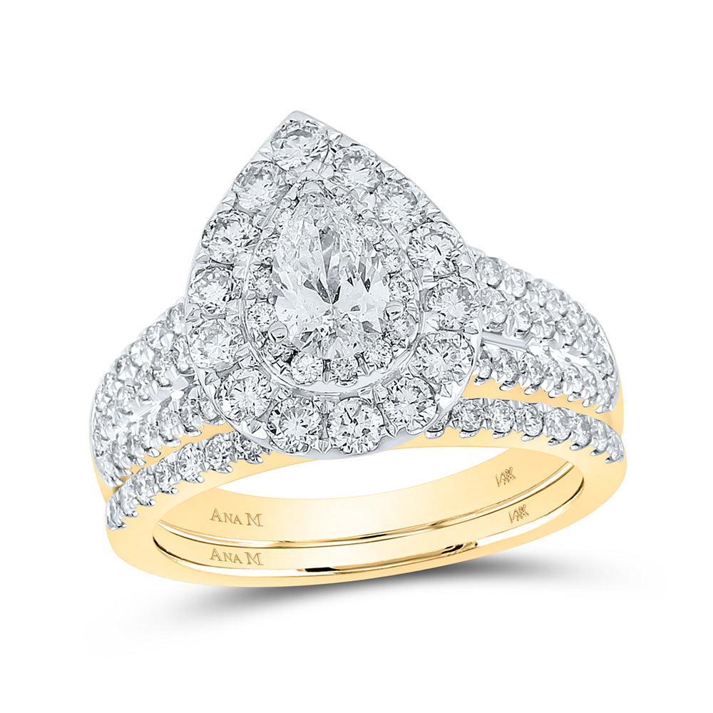 14K Yellow Gold Pear Diamond Halo Bridal Wedding Ring Band Set 2 Cttw, Womens Size: 5-10